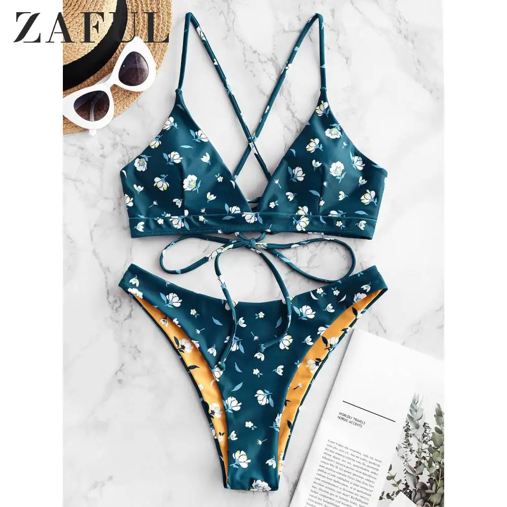 Женский купальник бикини ZAFUL двусторонний на шнуровке с цветочным принтом и
