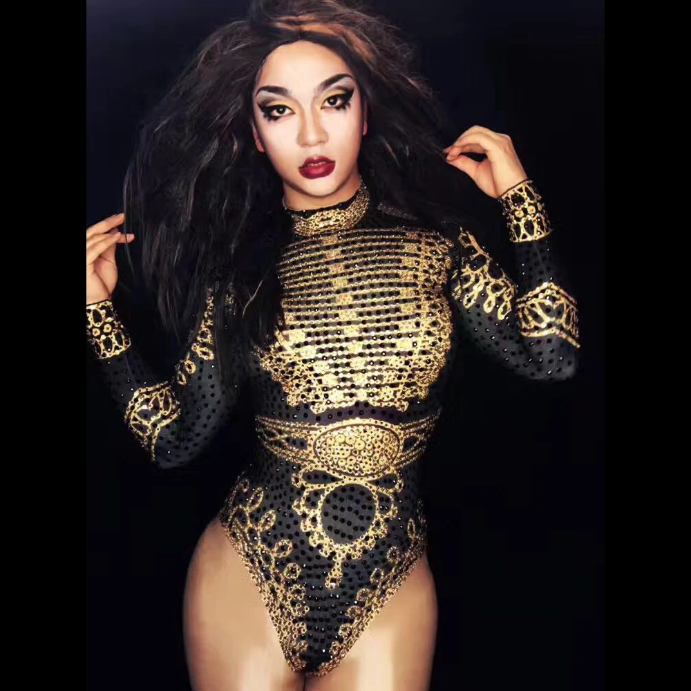 Сексуальный женский Блестящий боди черного и золотого цвета со стразами в стиле