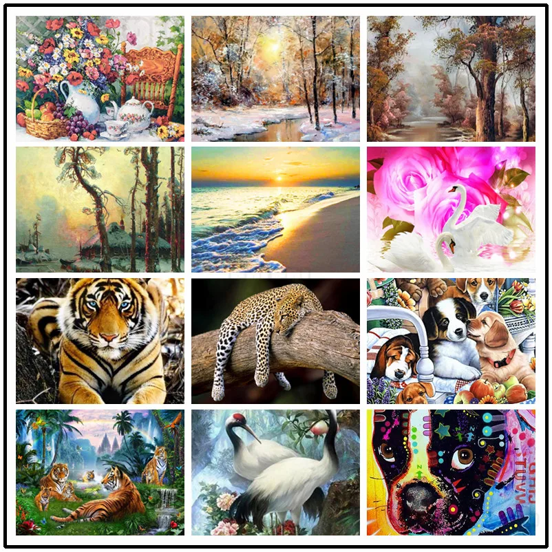 

Diamond Painting Still Life Forest Landscape After Snowing Fierce Tiger Agile Leopard Red-Crowned Crane Swan Pet Dog Decor Mural