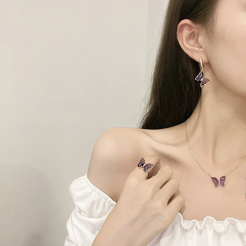 

Sterling Silvers Needle Colorized Butterfly Earrings Women's Set Necklace Ring
