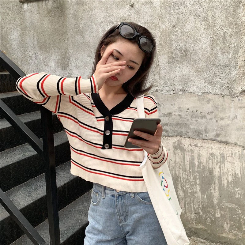 

Striped Autumn And Winter New Contrast Color V-neck Striped Short Long-sleeved Sweater Slim Button Knit Tops 2020
