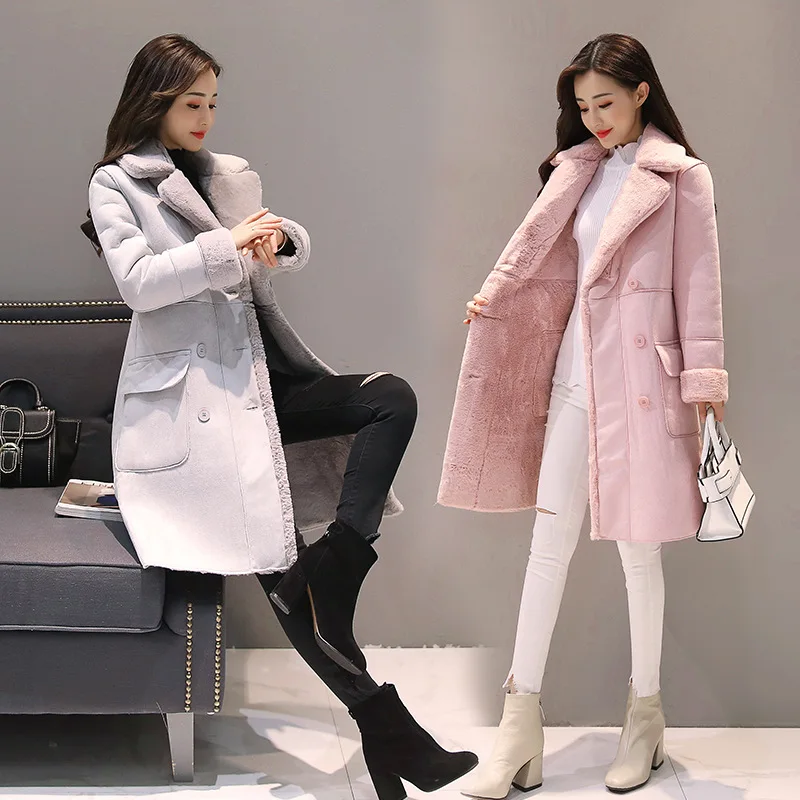 Faux Fur Women Winter Jackets 2022 Long Sleeve Cashmere Lapel Parka Lamb Hair Female Coat Cotton Outerwear Overcoat Gray Pink