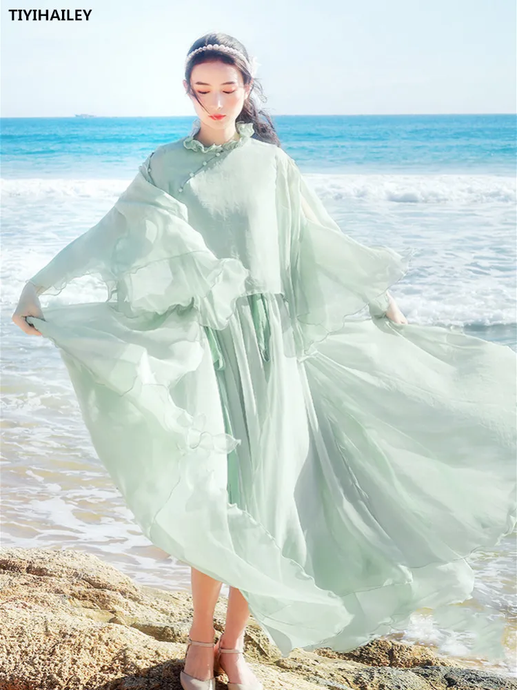 TIYIHAILEY Free Shipping Long Maxi Skirt And Full Sleeve Tops One Set Spring Autumn Women Chiffon Boshow S-L Green Two Piece