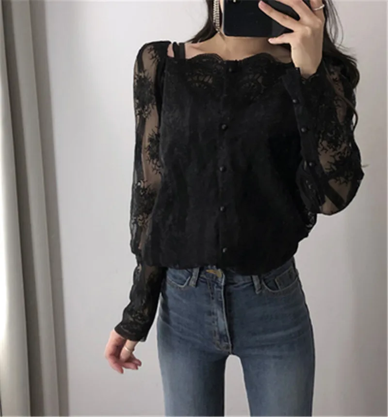 Блузка женская кружевная с открытыми плечами и длинным рукавом | Женская одежда