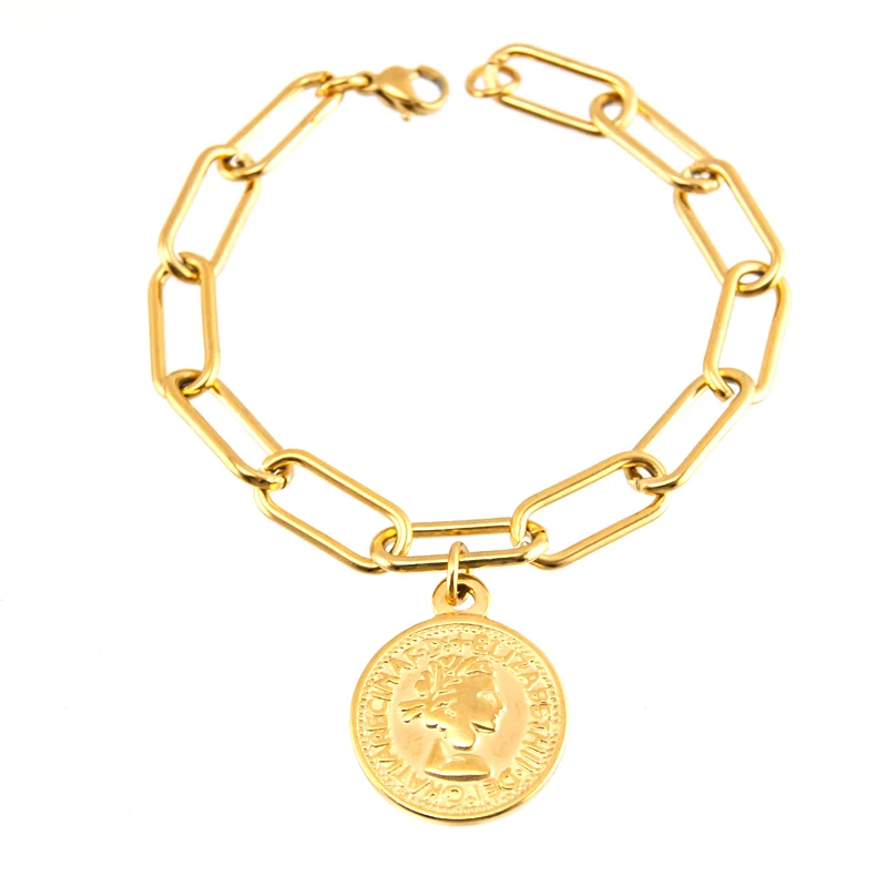 Long O coin gold Овальные Кабельные Браслеты для женщин, браслет золотого цвета с длинной цепочкой из нержавеющей стали, сделанные pulseras mujer - Окраска металла: Long O coin gold
