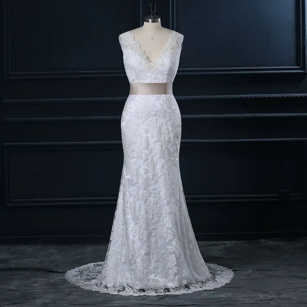 

Mermaid Vintage Lace Wedding Dresses Backless Champagne Belt Bridal Dress V Neck Vestidos de novia Custom