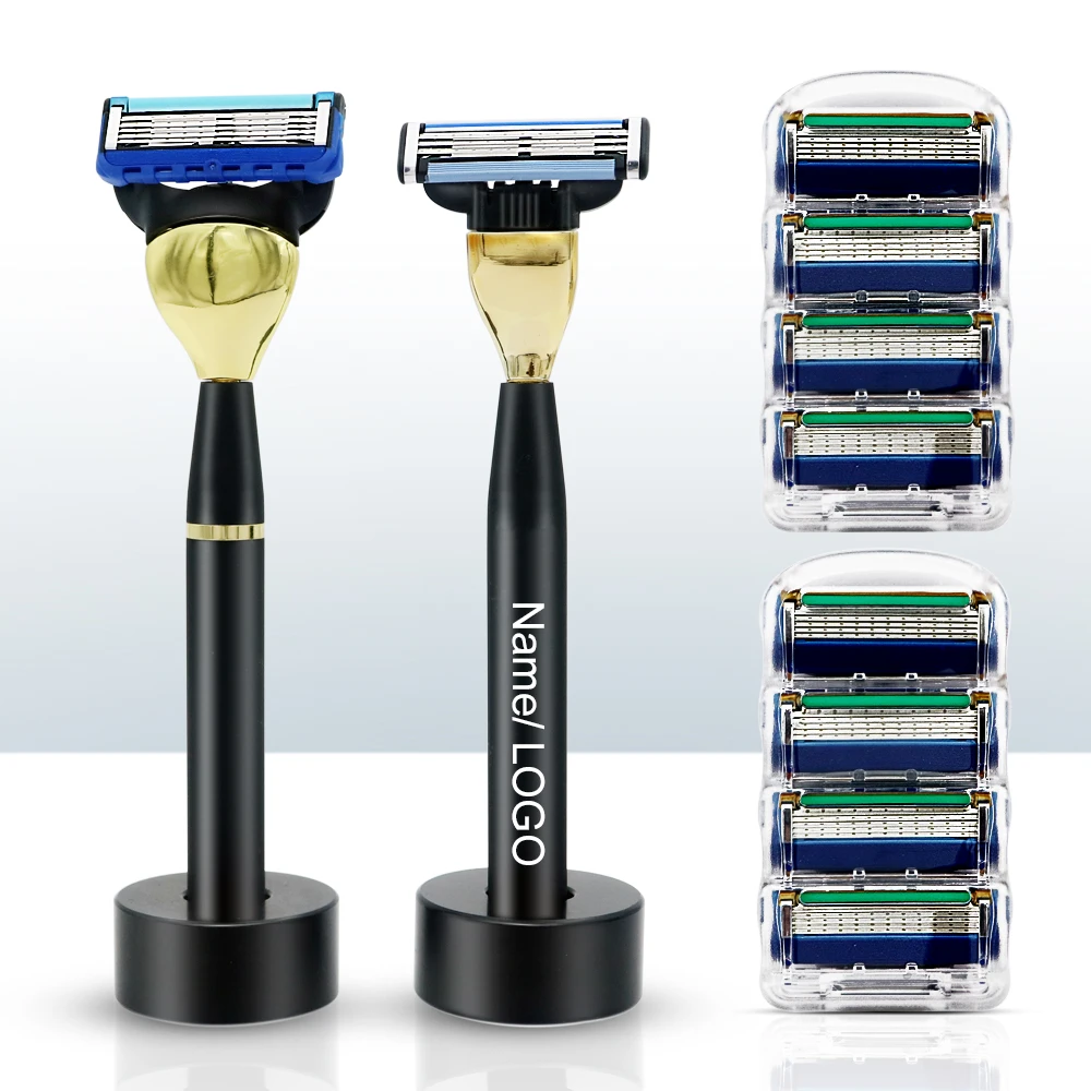 

Men's Simple Safety Razor Manual Shaving Razor Cool Black Handle 3/5-layer Blade Shaver Replacebale Blades Razor Gift with base