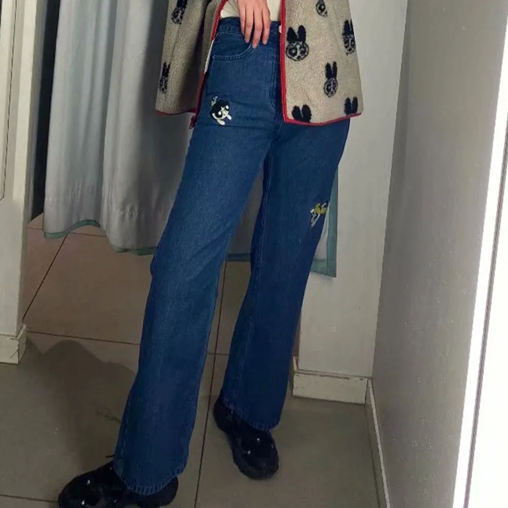 

New fashion pants cartoon pattern straight jeans girl elastic waist navy color for