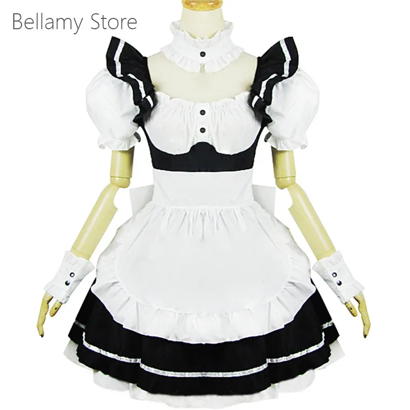 

Пушистое черно-белое платье горничной ручной работы в стиле Лолиты с коротким рукавом для косплея