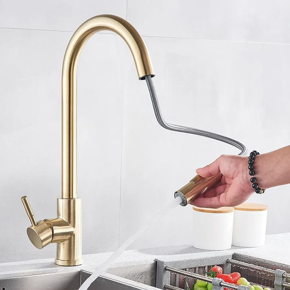 

Brushed Gold Pull Out Spout Kitchen Sink Faucet Single Handle Mixer Tap 360 Rotation Zinc Alloy Basin Taps Sprayer Head