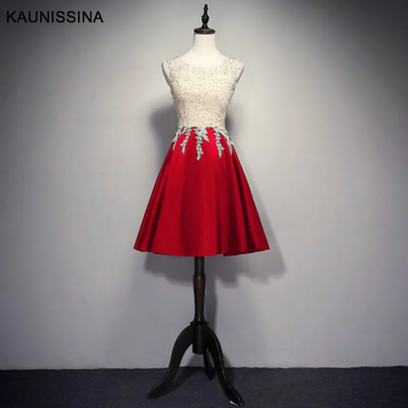 Short Red KAUNISSINA, женское вечернее платье для церемонии, длинное платье, круглый вырез, кружево, атлас, бисер, длина до пола, платье для выпускного вечера, настоящая фотография, Vestido - Цвет: Short Red