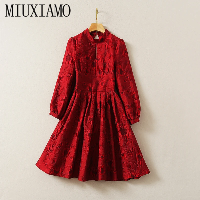 

MIUXIMAO 2020 Fall Dress Women Party Dress Solid Red Long Sleeve Office Lady Casual Dress Women Vestidos