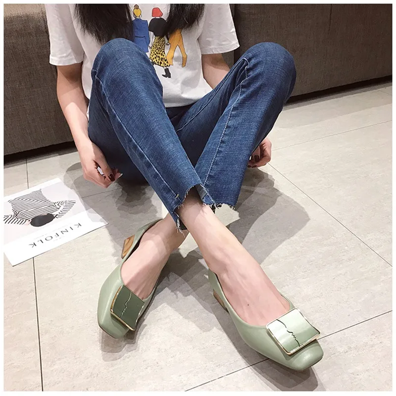 SUOJIALUN Luxury Women Spring Flat Shoes Square Toe Medium Heels Fashion Metal Boat Low Heels Shoes Women Dress Shoes