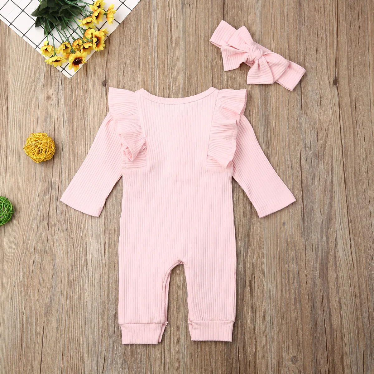 Bayi Anak Laki-laki Gadis Lengan Panjang Baju Monyet Jumpsuit Solid Keseluruhan Headband Bayi Balita Musim Gugur Rajutan Pakaian Set