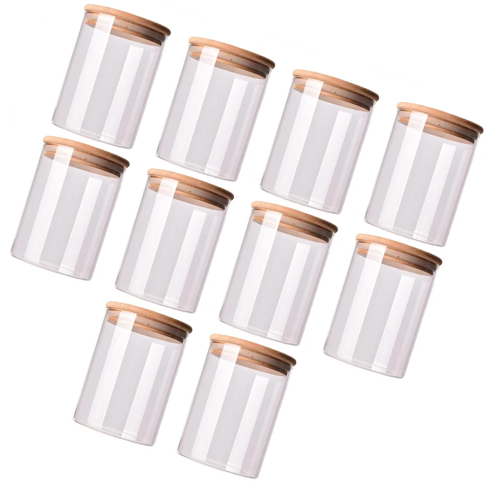 

10pcs Wood Lid Glass Jar Kitchen Storage Bottles Jars Food Container Tea Coffee Beans Grains Candy Jar Containers