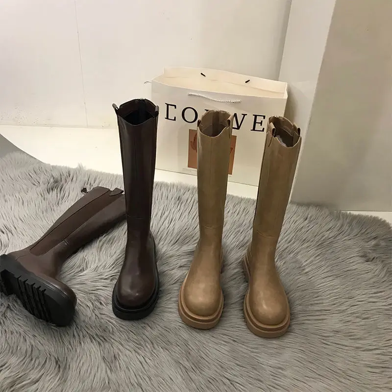 Женские Кожаные ботфорты на платформе Черные Сапоги выше колена плоской подошве