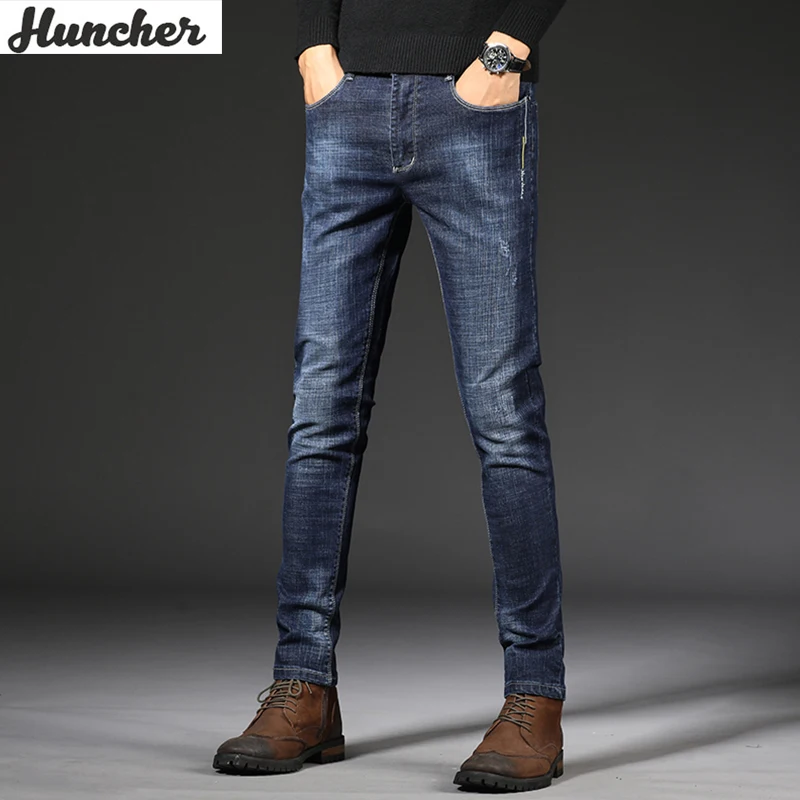 

Huncher Mens Jeans 2021 Spring Jean Streetwear Trousers Male Vintage Mens Solid Slim Jeans Elastic Fashion Blue Trousers For Men