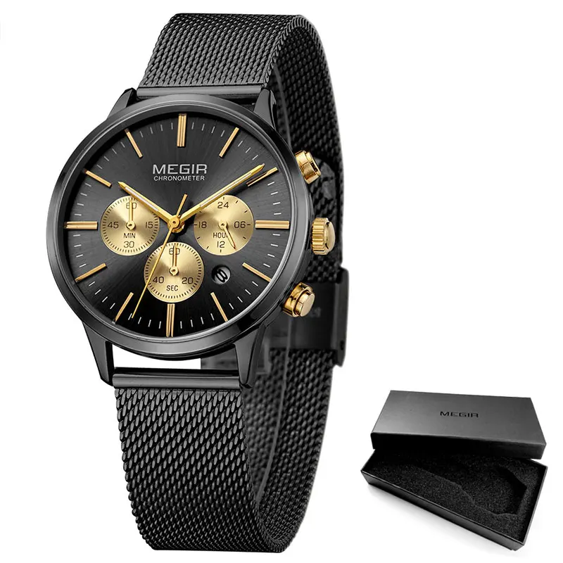 MS2011L-Black-Gold Классические кварцевые часы MEGIR с хронографом для женщин, водонепроницаемые, светящиеся, 24 часа, аналоговые, Стальные наручные часы для женщин, леди 2011L-7 - Цвет: MS2011L-Black-Gold