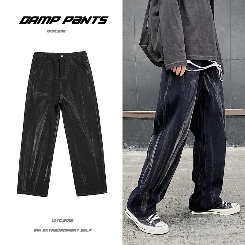 

Men's Tie-dye Jeans New Spring Chic Straight Jean Pants Men Elastic Waist Loose Casual Pants Wide Leg Jeans Denim Trousers