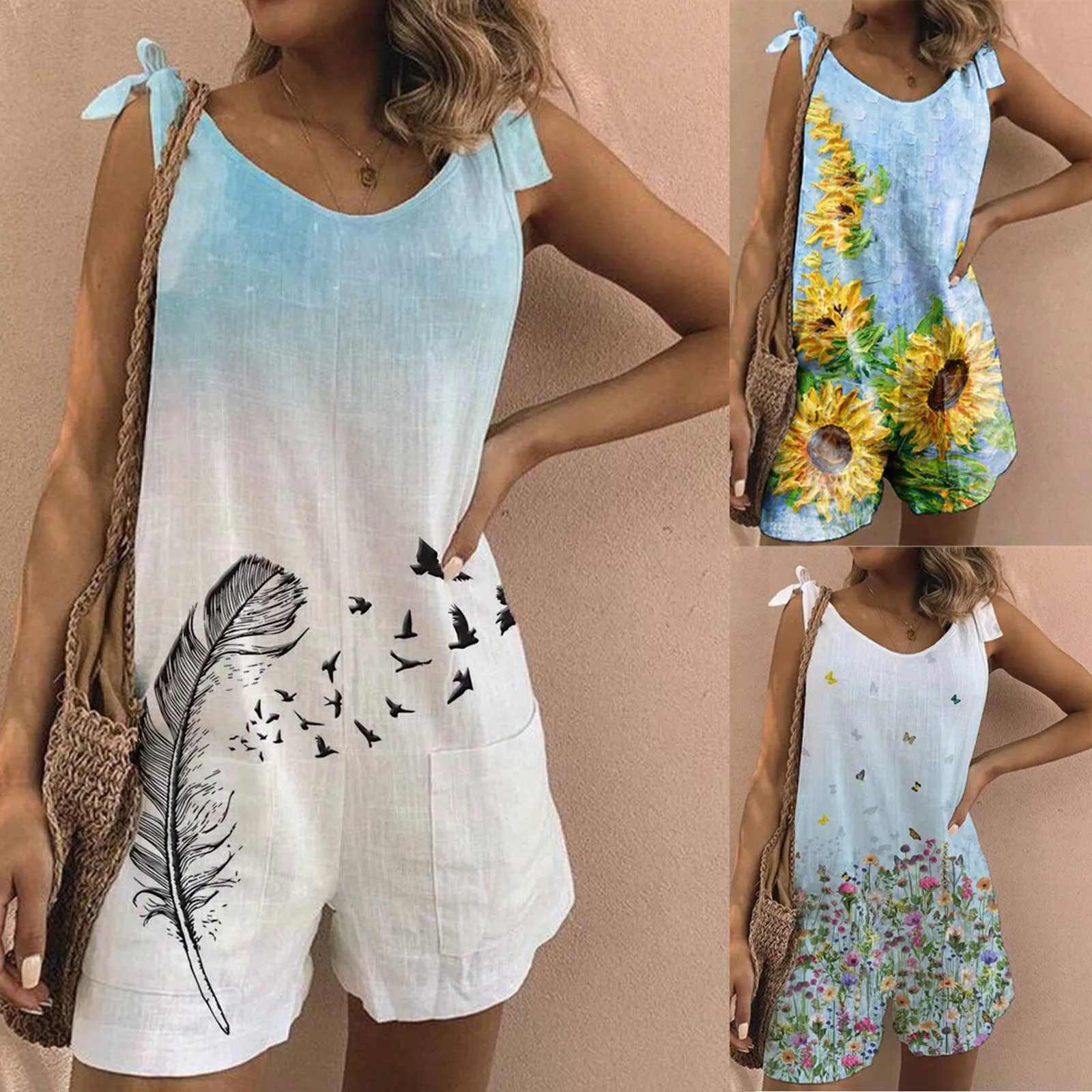 

Jumpsuit Shorts Women Summer Fashion Retro Overalls Adjustable Sling Design Rompers Personality Printed Suspender Jumpsuit Pants