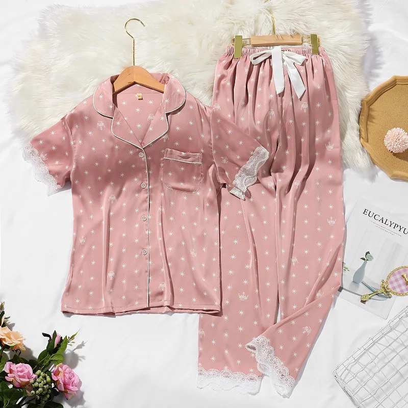 

Print Women Pyjamas Lace Sweet Short Sleeve Suit Pajamas Summer Satin Chiffon Soft Touch Sleepwear Women Cotton