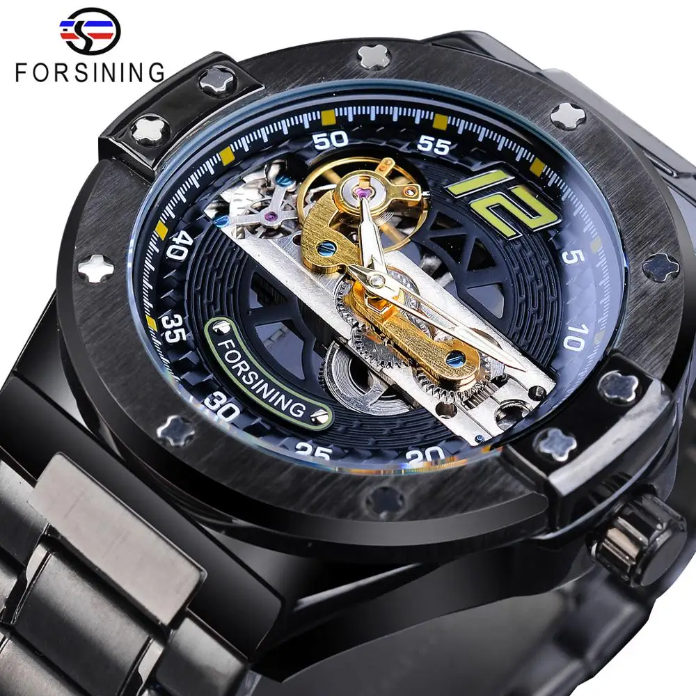 GMT1157-7 Forsining, прозрачные автоматические мужские часы, Золотой мост, механические, черные, нержавеющая сталь, ремешок, Скелетон, часы, Relogio Masculino - Цвет: GMT1157-7