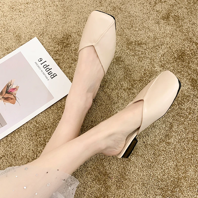 

Shoes Loafers Woman's Slippers Luxury Slides Low Square Toe Mules For Women 2020 New Designer Summer Cover Flat Buckle Strap