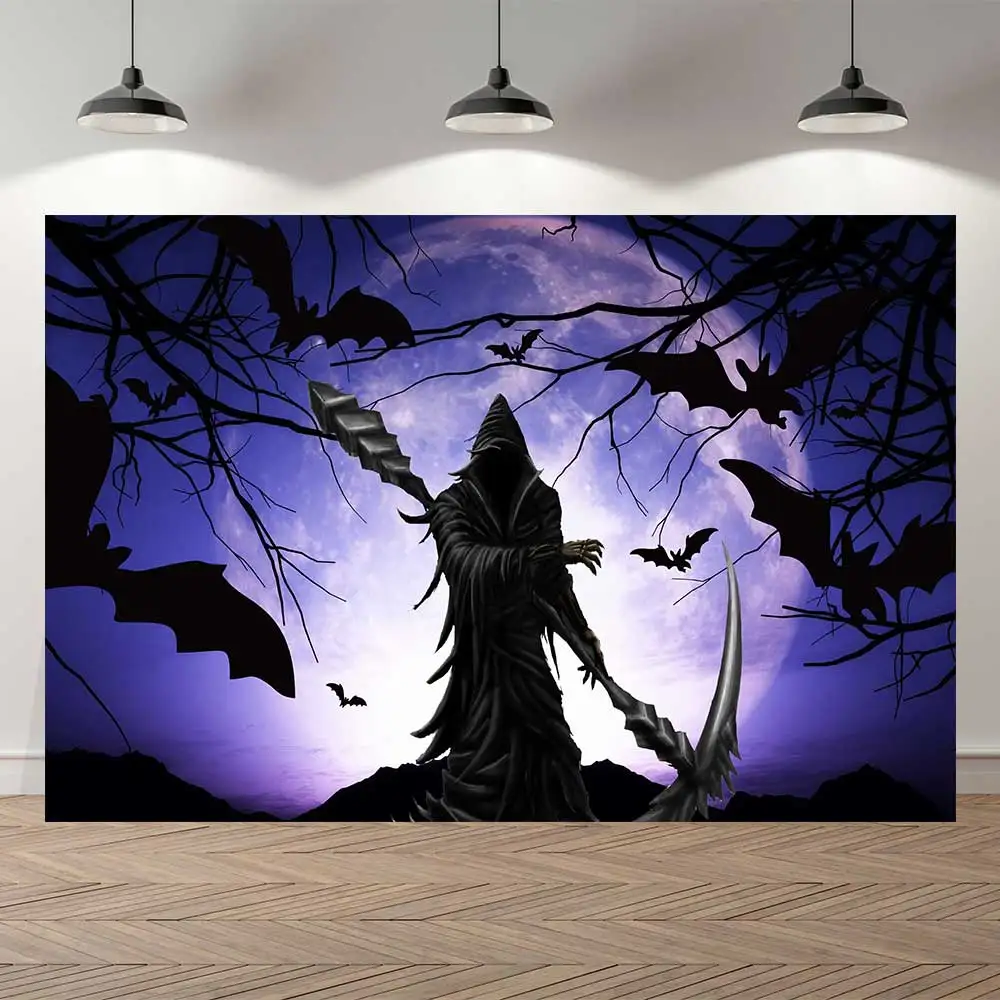 

NeoBack Happy Halloween Bat Grim Reaper Skeleton Moon Light Horrifying DIY Party Banner Photo Backdrop Photography Background