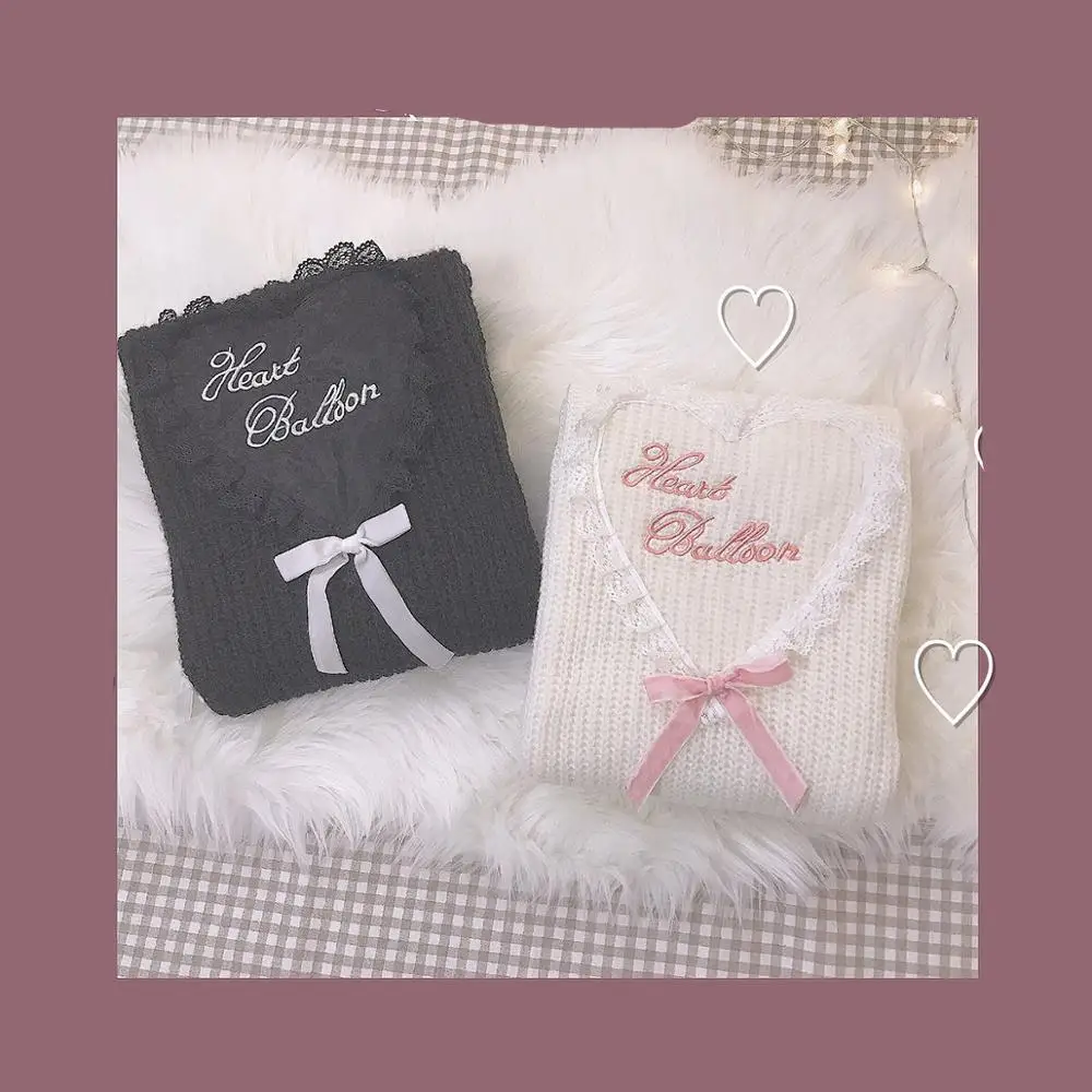 Lolita Cute Girl's Cashmere Long Sweater Japanese Warm Knit Pullover Dress Kawaii Heart Lace Patchwork Women Black Pink Jumper | Женская