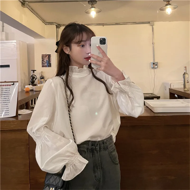

RUGOD Spring 2021 Ruffled Simple Solid Color Shirt 2021 New Spring Outing Temperament Basic Shirt Female Fashion Street Wear2021