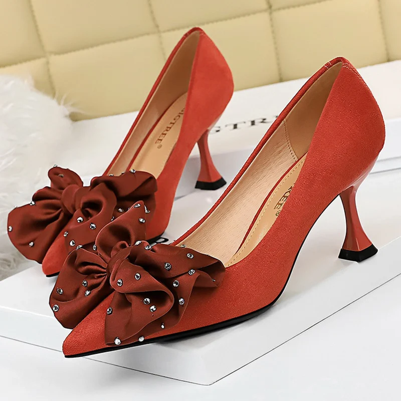 Женские туфли на высоком каблуке 7 см роскошные элегантные лодочки с милым бантом
