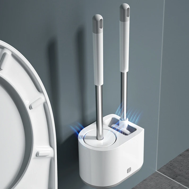 Cepillo de silicona para inodoro, accesorios de ba&ntilde;o con mango largo, cepillo de limpieza montado en la pared con soporte Universal para Wc-4