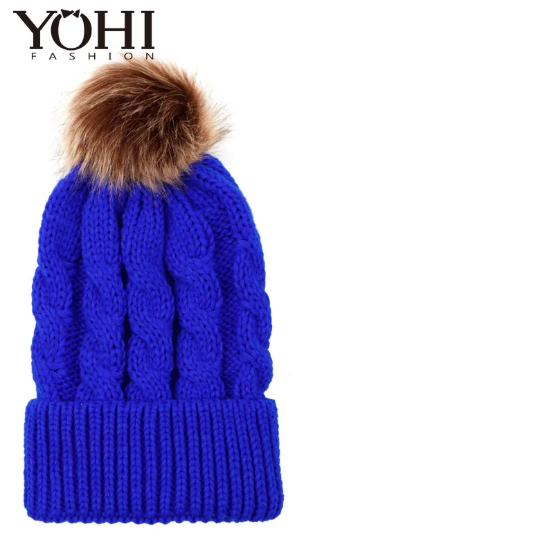 Royal Blue Новая модная шапка из искусственного меха, зимняя шапка, женская зимняя Мягкая вязаная шапочка, теплые шапки и кепки для девушек-подростков, уличная шапка - Цвет: Royal Blue