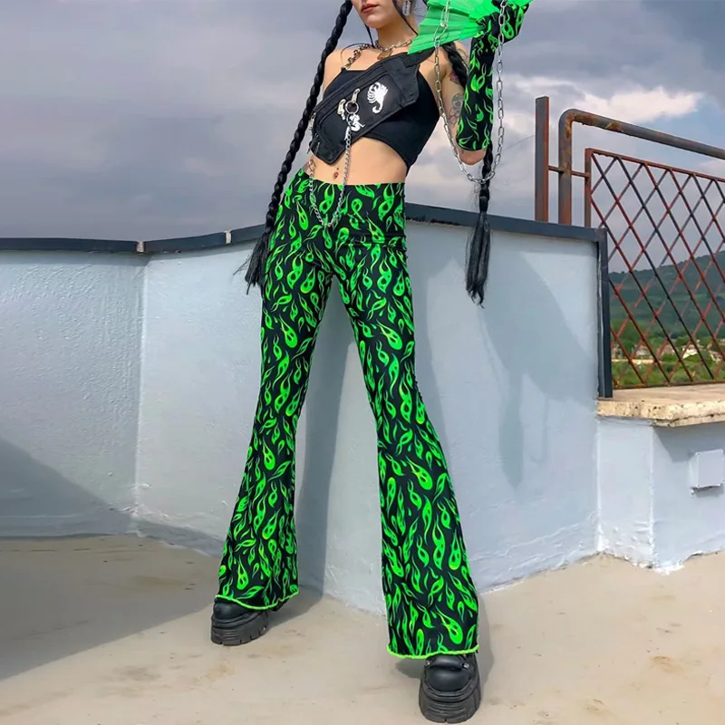 

QWEEK Gothic Y2K Green Flare Pants Women Streetwear E girl Print High Waist Sexy Mall Goth Aesthetic Trousers For Female