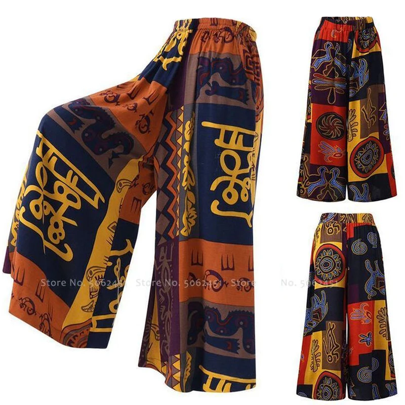 Брюки женские с широкими штанинами Модные свободные штаны богемным принтом