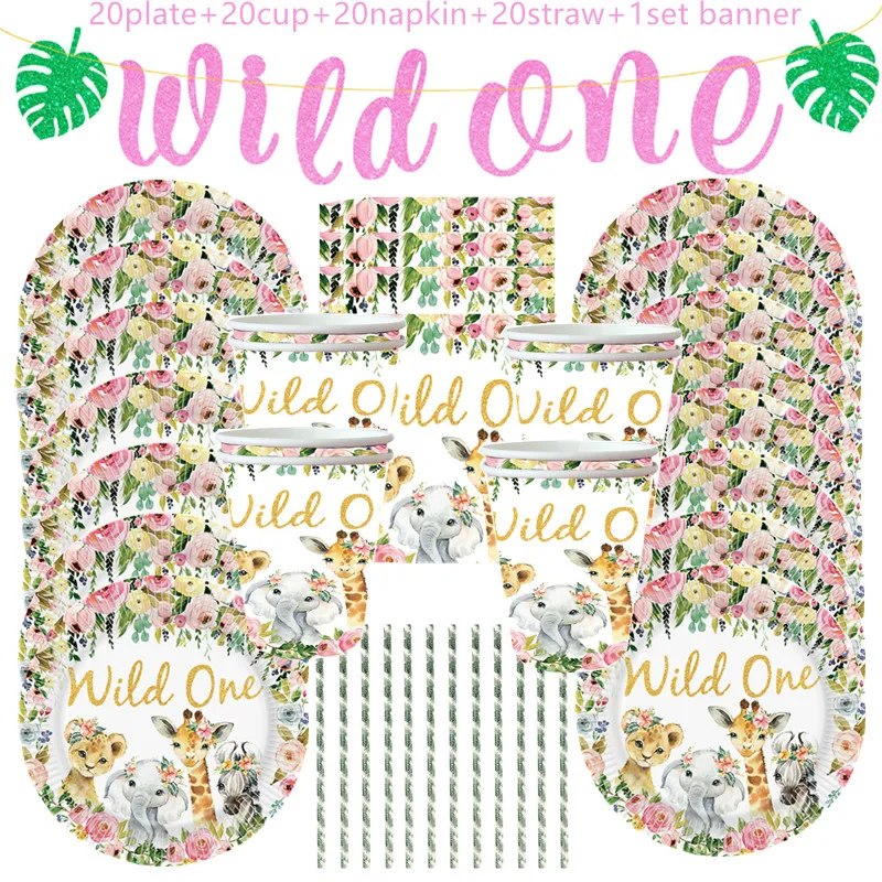 Джунгли посуда в виде животных комплект и надписью Wild One День рождения Декор для