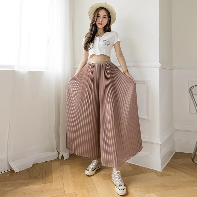 

New Summer Women Black Elastic Waist Loose Wide Leg Pants Korean Style High Waist Pleated Wide Leg Pants Pantalon Pour Femme