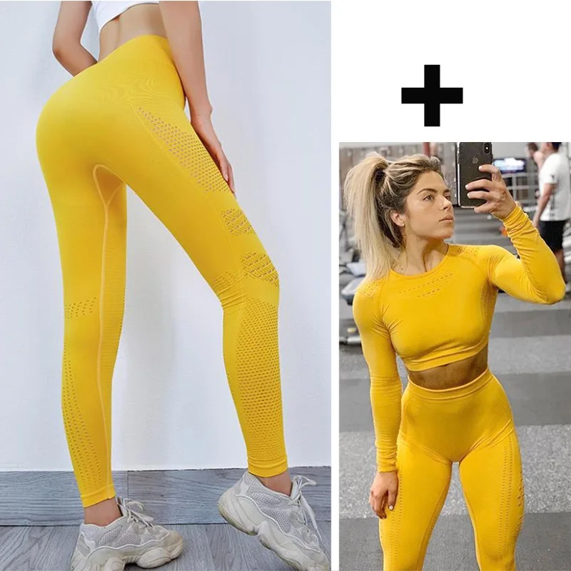 Yellow Suit Женские Бесшовные штаны для йоги, высокая талия, Спортивные Леггинсы, для спортзала, фитнеса, тренировок, полые длинные колготки для бега, для девушек, сексуальные S-L - Цвет: Yellow Suit