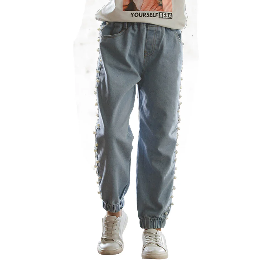 Детские джинсы модные с бисером для девочек однотонные Повседневные детские