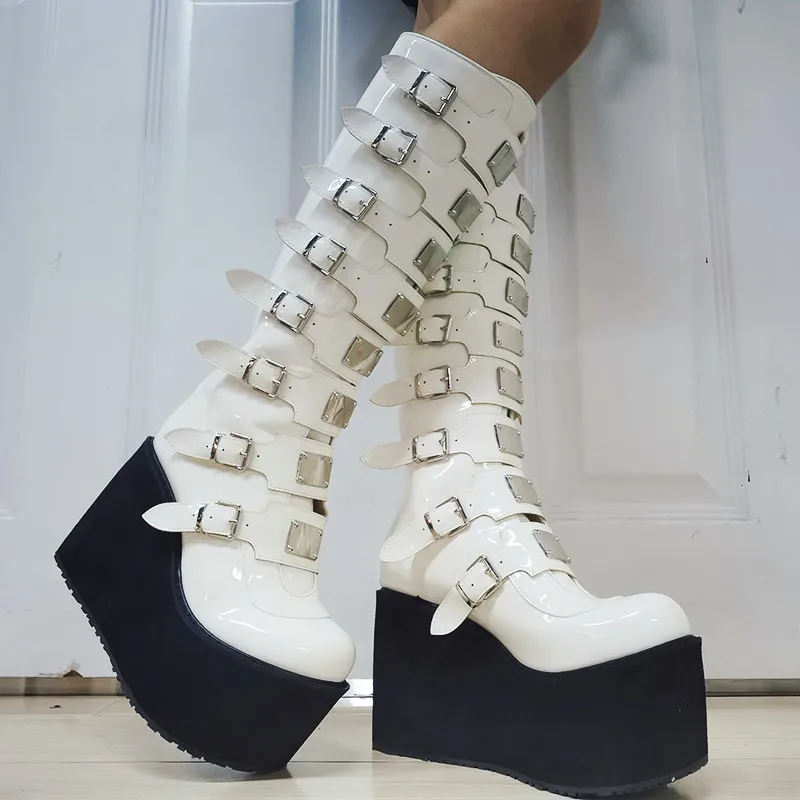 Big Size 48 Brand Design Platform Wedges Goth Black Mid Calf Motorcycle Boots Women Buckle Trendy Cool Punk Zipper Shoes | Обувь