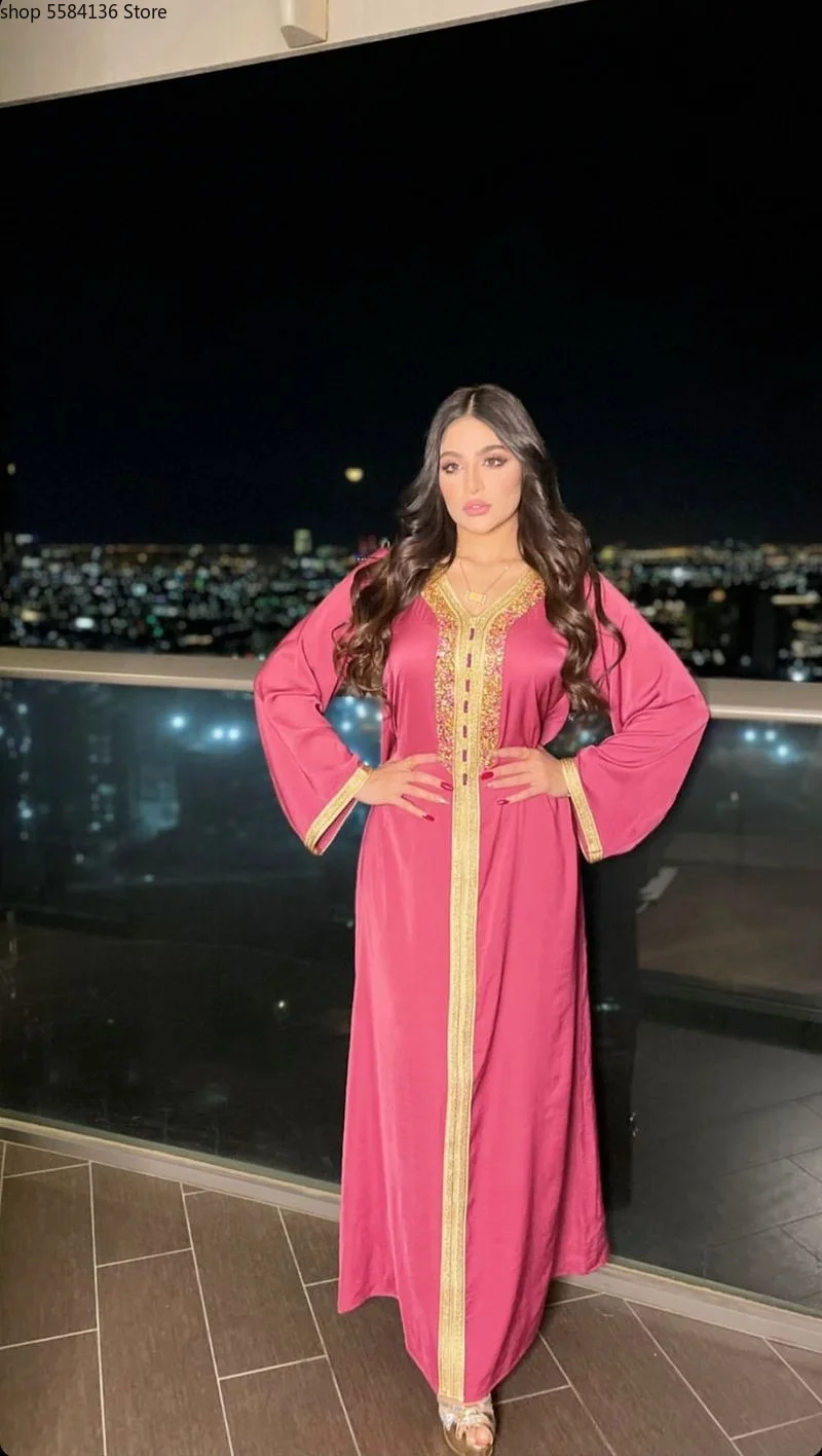 Muslim Hijab Dress for Women Pink Ramadan Eid 2021 Moroccan Kaftan Dubai Jalabiya Arabic Middle East Islamic Clothing