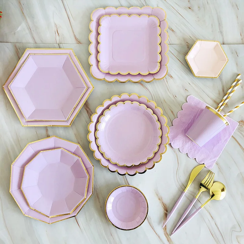 

65PCS / LOT Purple Party Tableware Set Disposable Paper Plate Cup Napkin Party Supplies Children Cake Dish Fruit Plate