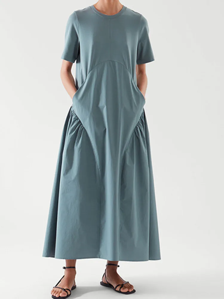 

Women's Short-sleeve Mid-calf Dress Cotton Simple Solid Color O-neck Casual Ladies Robe with Pockets Summer 2021