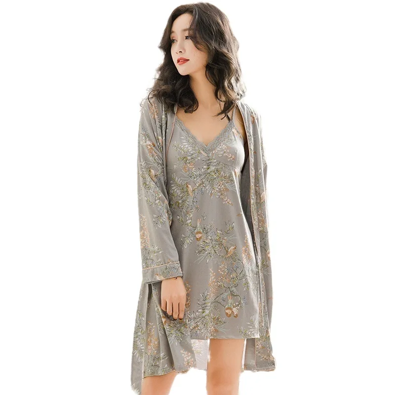 

Сексуальная ночная рубашка женские халаты женское белье халатиком, серый халат женский 100% набор халатов чистый домашнее платье + кимоно пен...