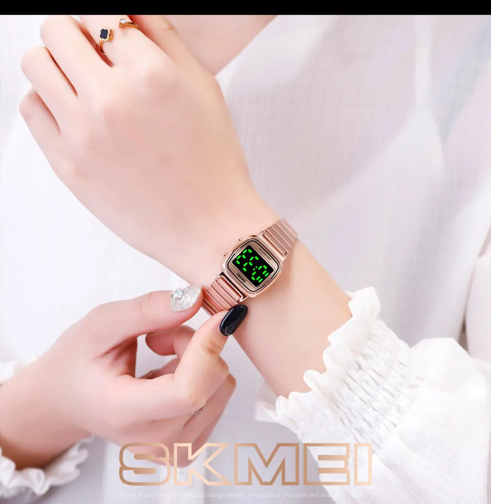 SKMEI Ultra Thin Luxury Women's Silver Stainless Steel Watches Women Fashion LED Digital Dress Business Wrist watch Reloj Mujer
