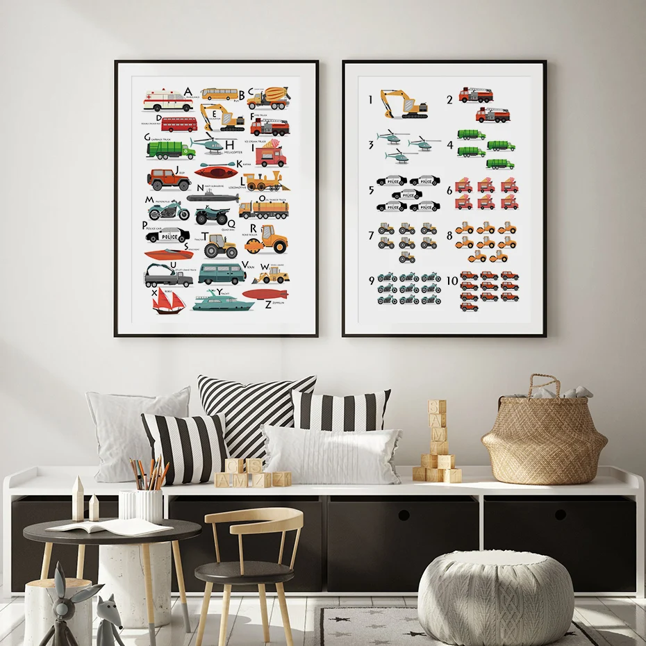 

Canvas Paintings Wall Art Pictures Boho Transportation Alphabet Educational Car Boy Nursery Decor for Kids Room Home Decor