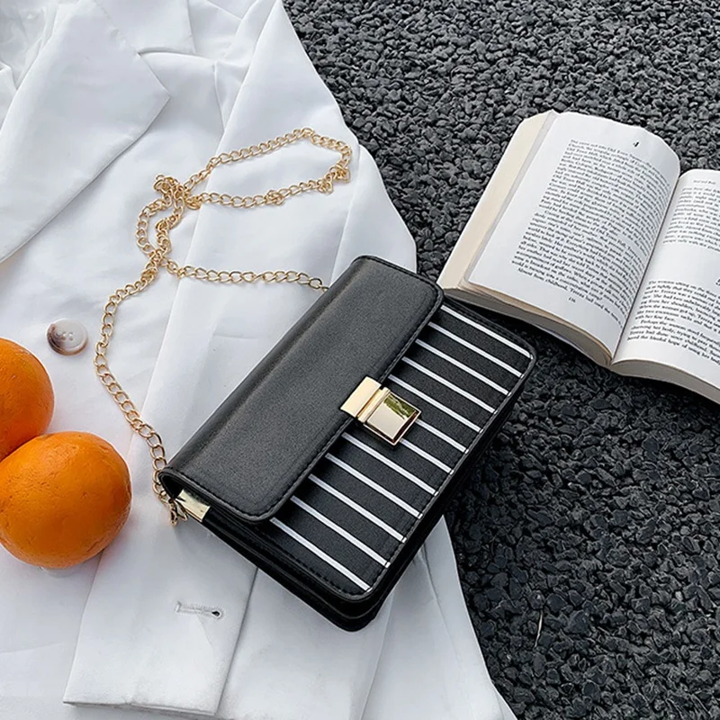 

Striped Pu Leather Women's Messenger Bag Fashion New Mini Clamshell Square Bag Luxury Chain Shoulder Bag