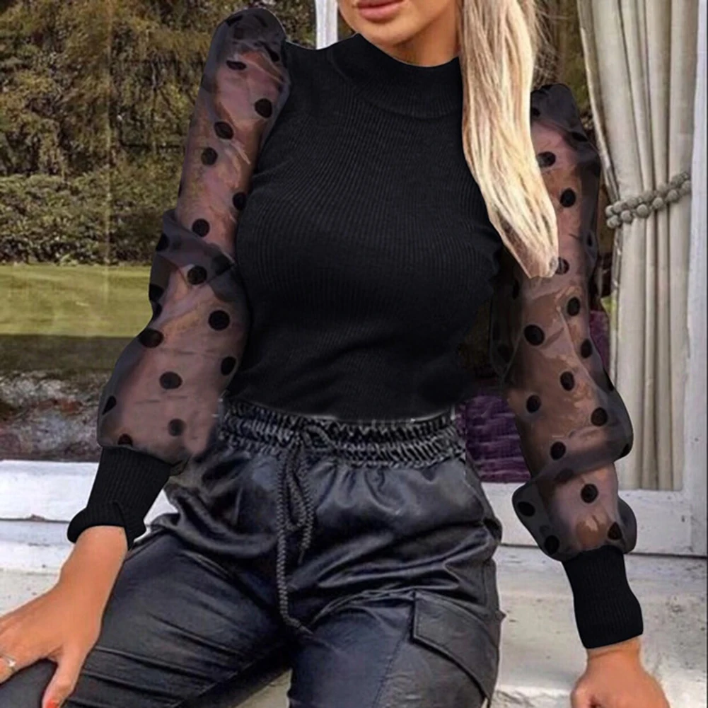 2019 Casual Dot Print Mesh Puff Sleeve Transparent Knitted Sweater Pullover Fall Winter Women Turtleneck Ribbed | Женская одежда