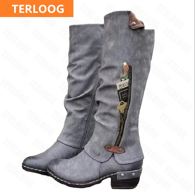 

Women Shoes 2021 New Winter PU Leather High Boots Women Gladiator Low-heels Chunky Fashion Casual Warm Chelsea Motorcycle Boots