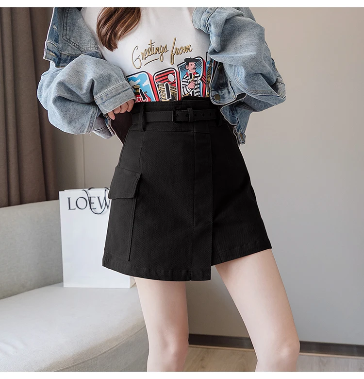 Trytree Autumn Women Casual Empire Short Skirt 5 Colour A-line Fashion Elegant Pockets Button Belt Mini Office Lady Short Skirt